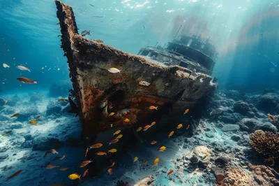 Sunken Shipwreck Resting On The Ocean Floor