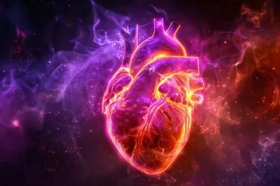 Glowing Neon Human Heart Anatomy In Cosmic Nebula