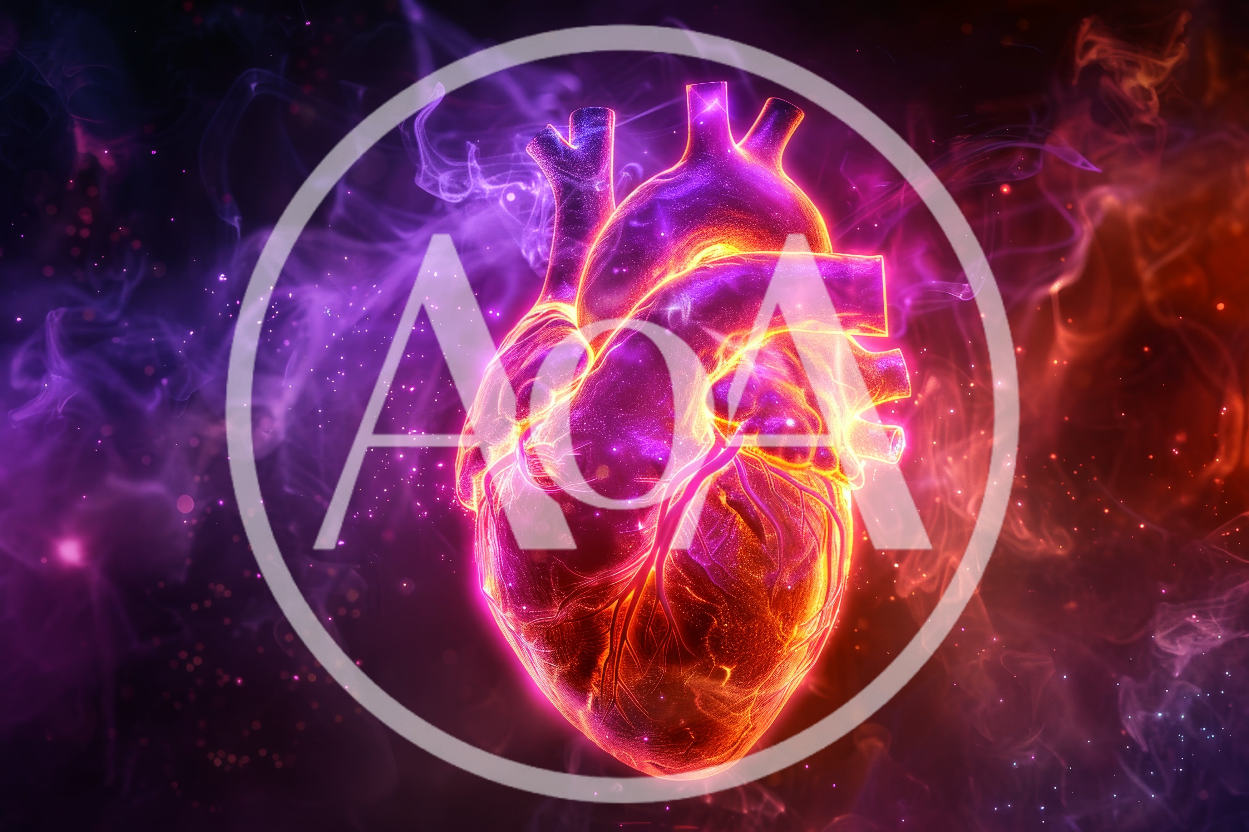 Glowing Neon Human Heart Anatomy In Cosmic Nebula