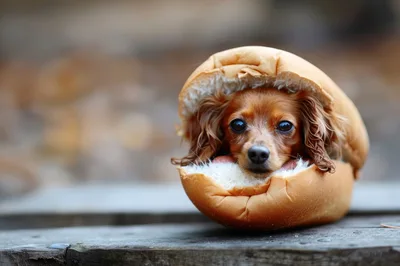 Small Dog Sitting Inside A Hamburger Bun