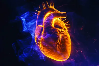 Glowing Anatomical Human Heart Surrounded By Blue Smoke