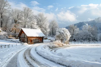 Rustic Wooden Cabin in Snowy Winter Landscape