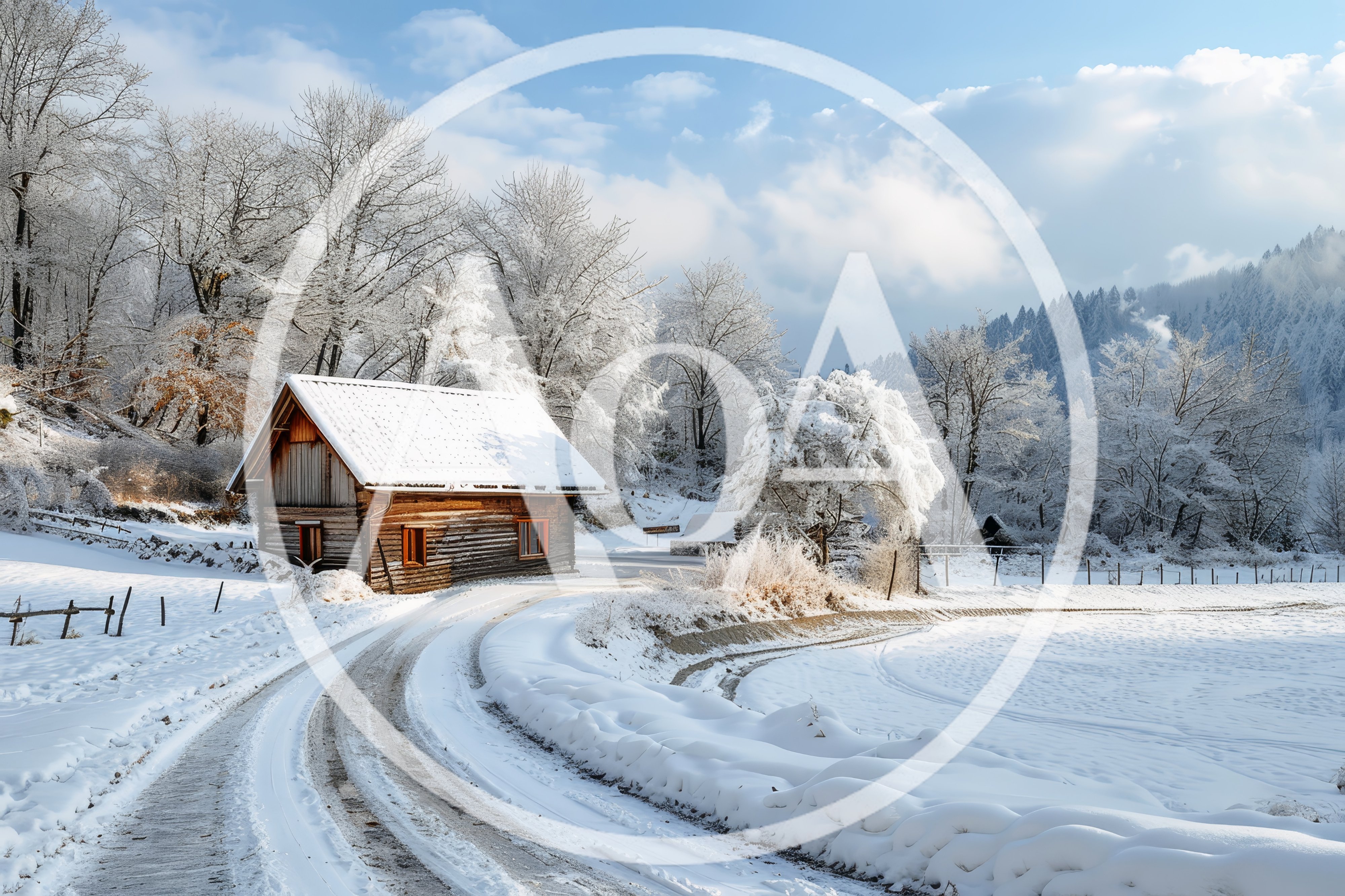 Rustic Wooden Cabin in Snowy Winter Landscape