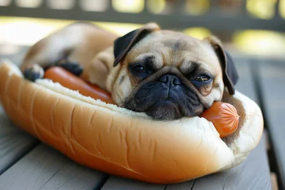 Pug Dog Resting Inside A Large Hot Dog Bun