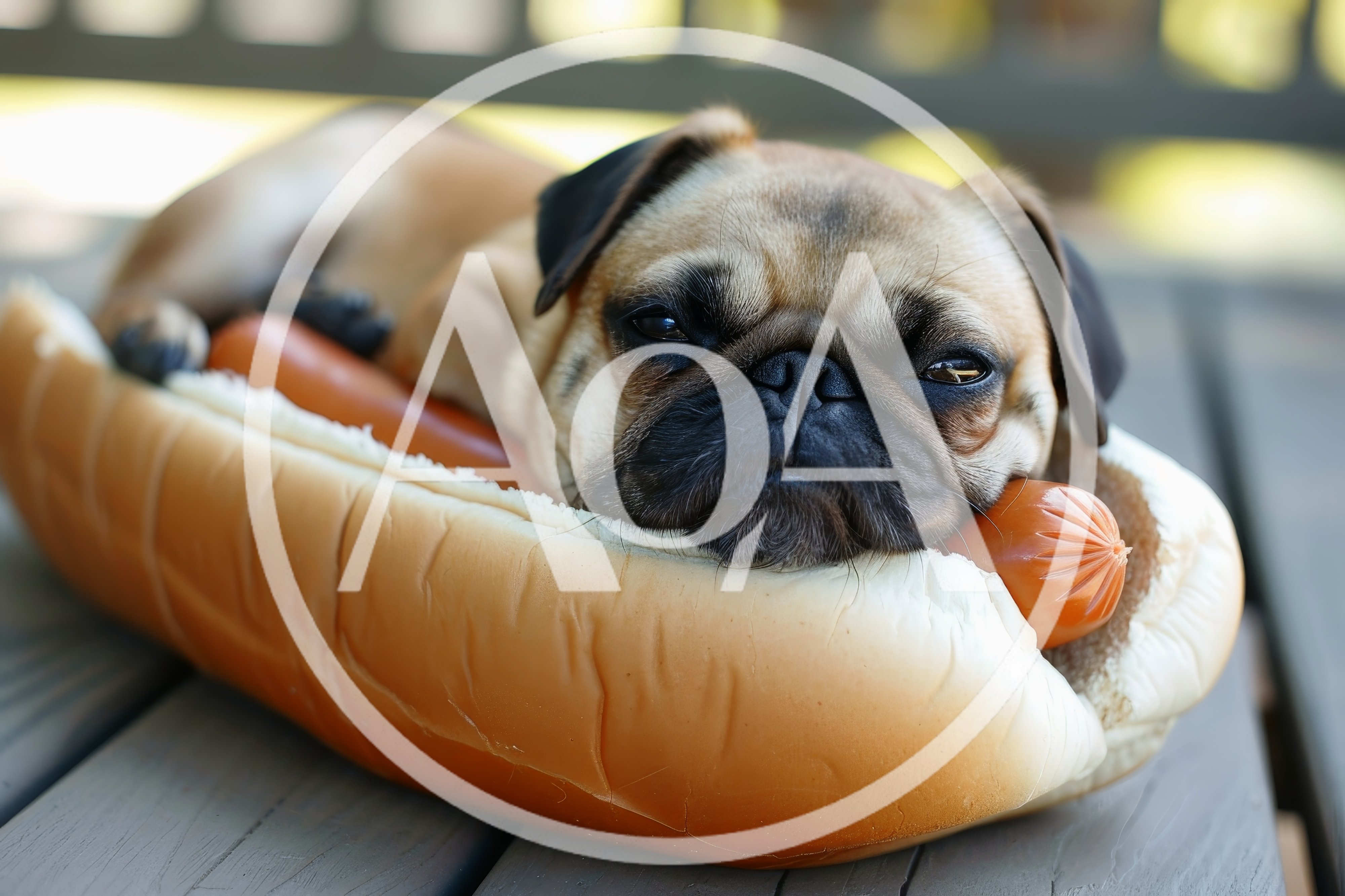 Pug Dog Resting Inside A Large Hot Dog Bun