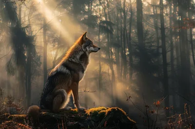 Majestic Wolf Sitting On Mossy Log In Sunlit Forest