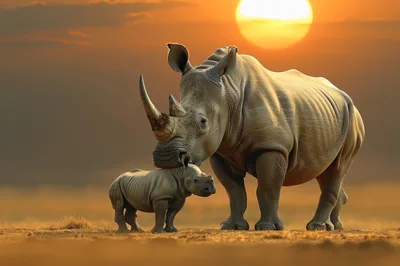 Mother Rhinoceros With Her Calf At Sunset
