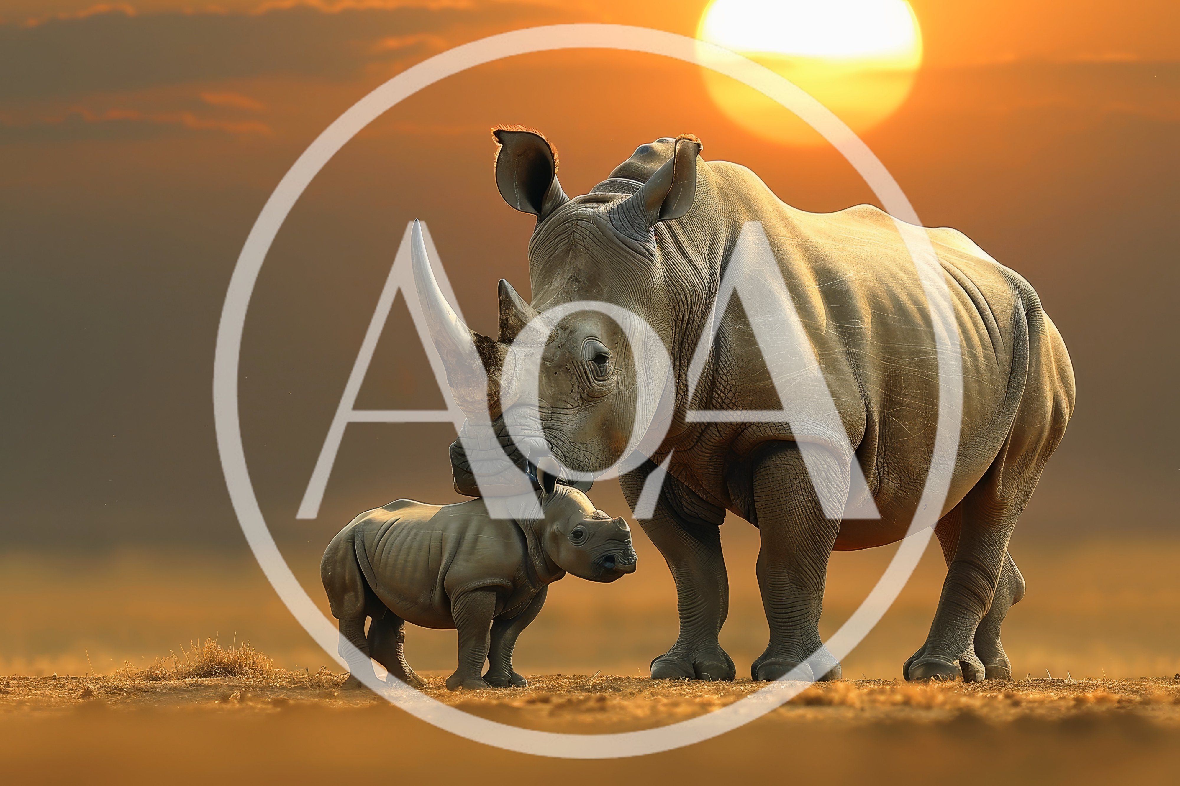 Mother Rhinoceros With Her Calf At Sunset