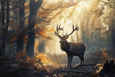 Majestic Red Deer Stag Standing In Autumn Forest