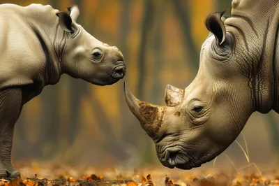 Mother Rhinoceros And Calf Nuzzling In Autumn Forest