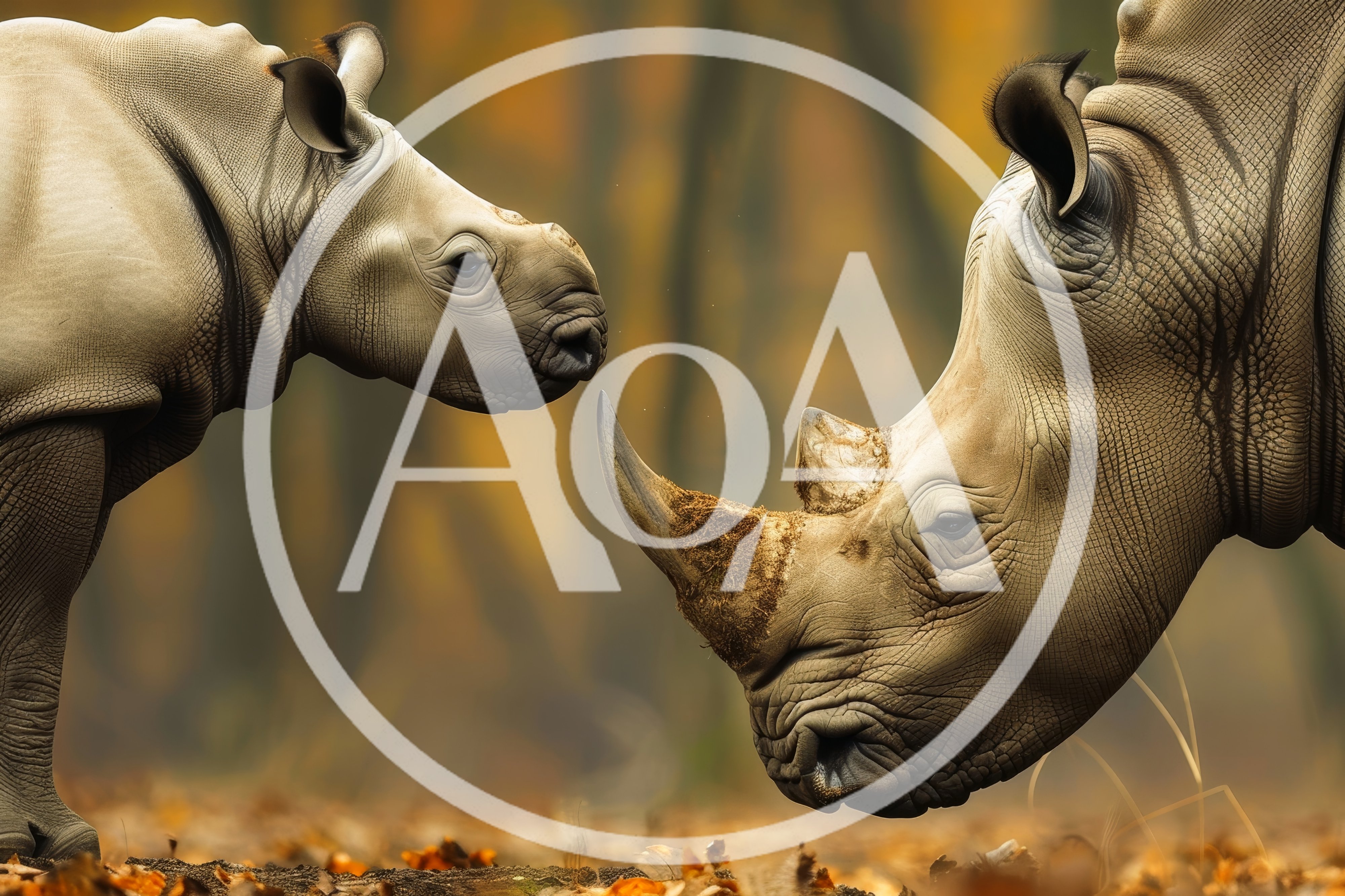 Mother Rhinoceros And Calf Nuzzling In Autumn Forest