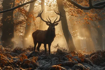 Majestic Red Deer Stag Standing In Misty Autumn Forest