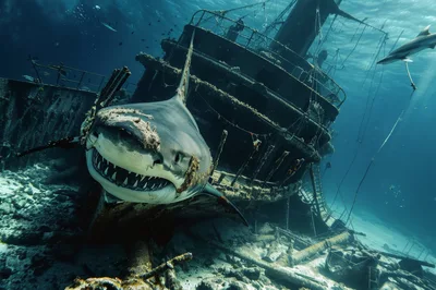 Great White Shark Swimming Near Underwater Shipwreck