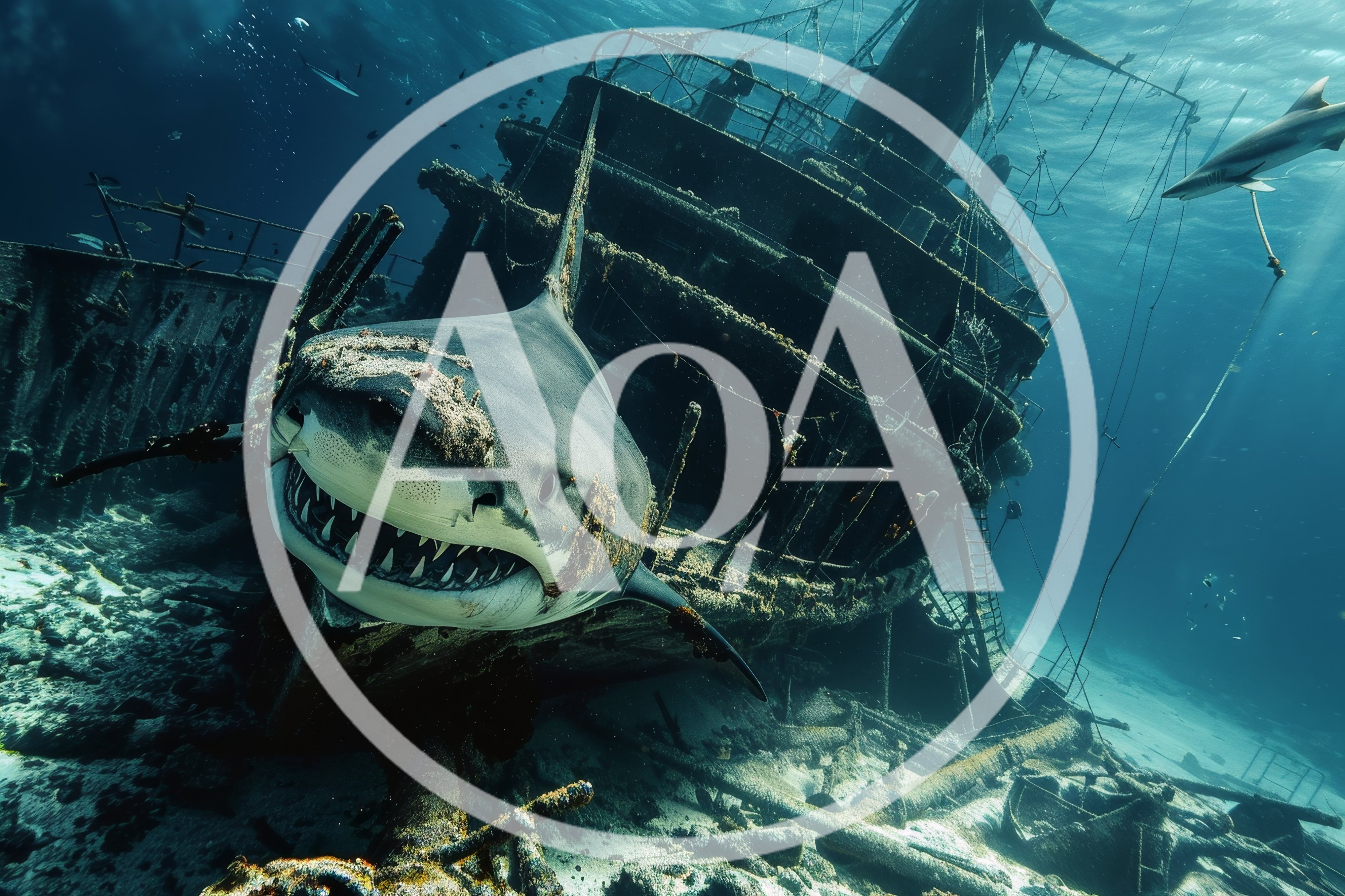 Great White Shark Swimming Near Underwater Shipwreck