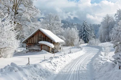 Rustic Wooden Cabin in Snowy Winter Landscape
