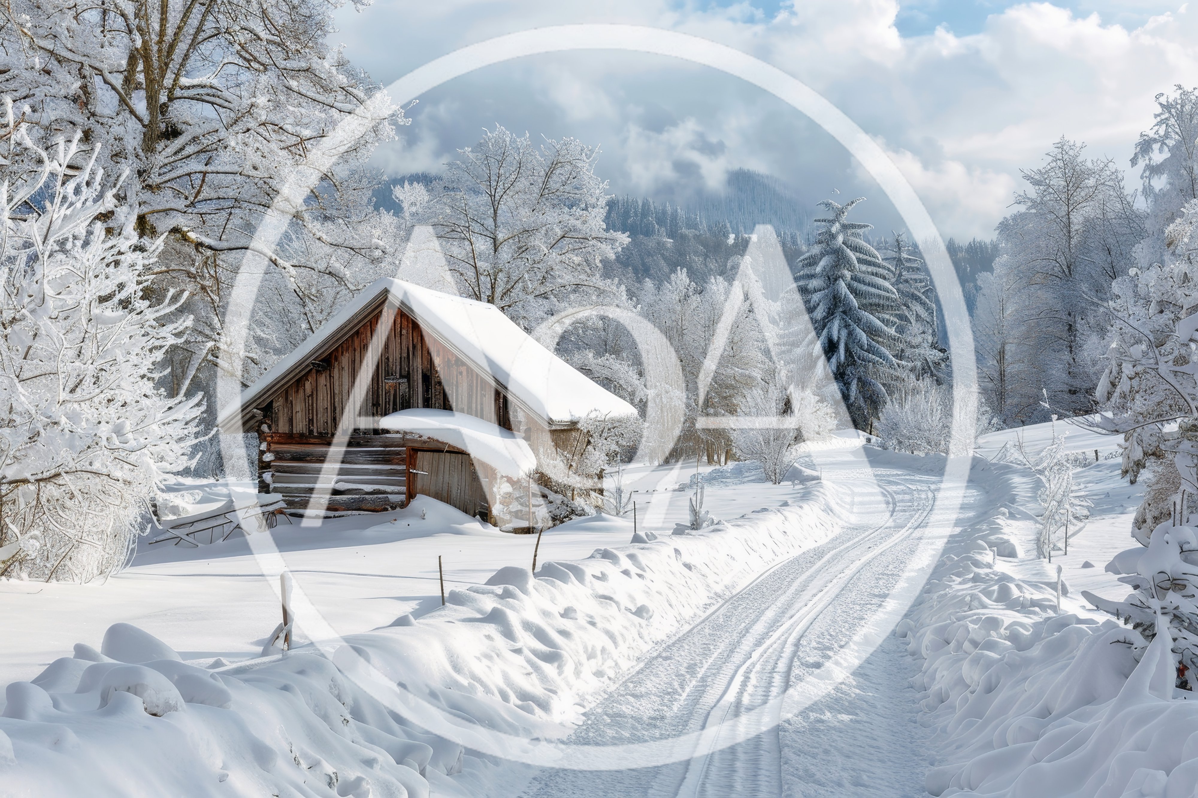 Rustic Wooden Cabin in Snowy Winter Landscape