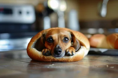 Cute Dachshund Dog Resting Inside A Hot Dog Bun