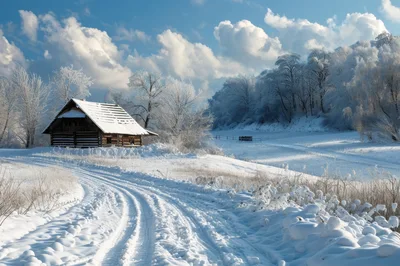 Rustic Wooden Cabin in Snowy Winter Landscape