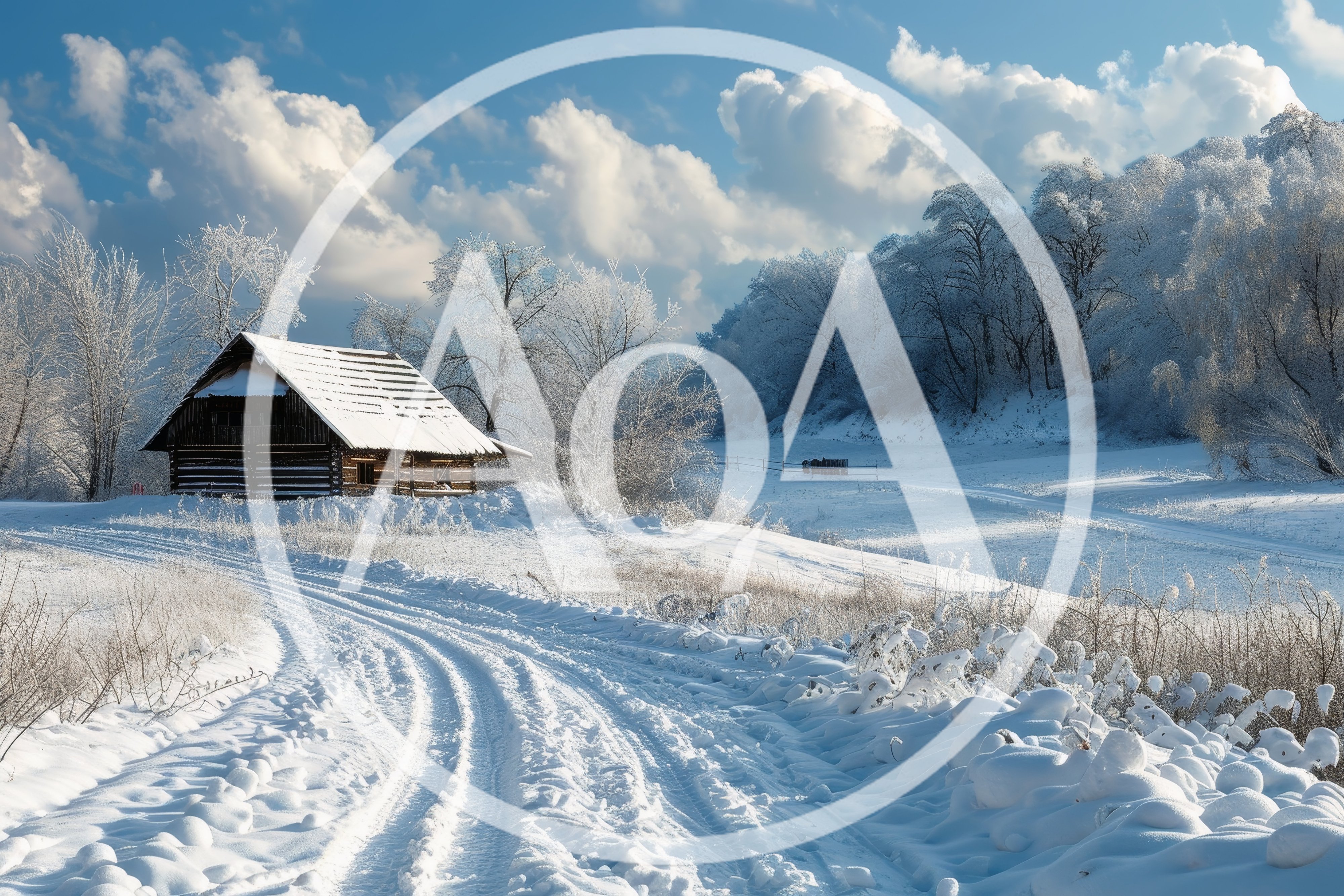 Rustic Wooden Cabin in Snowy Winter Landscape