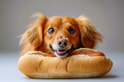 Cute Long Haired Dog With A Hot Dog