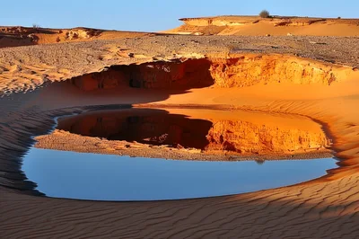 Reflective Desert Oasis Pool In Sandy Landscape