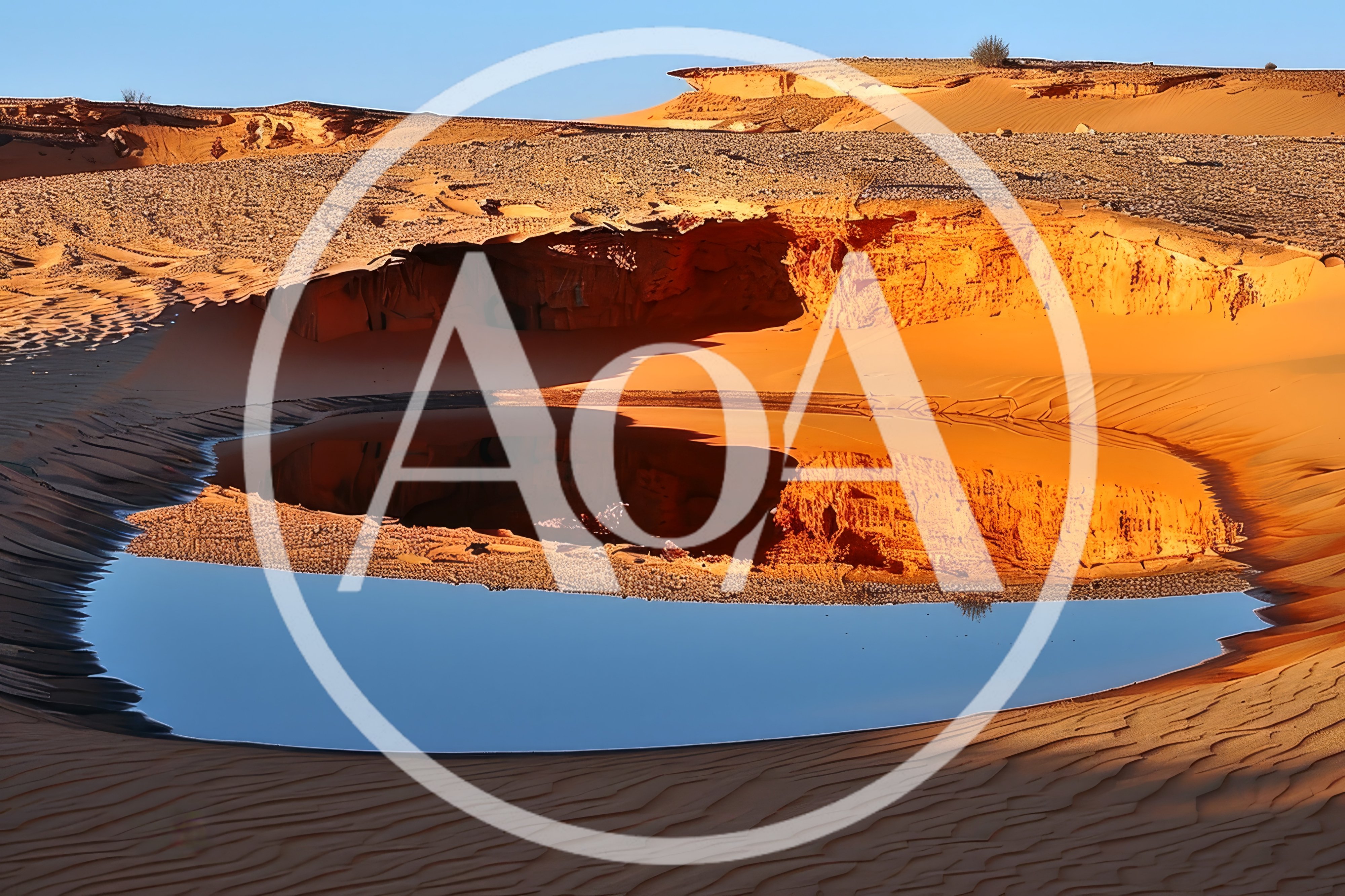 Reflective Desert Oasis Pool In Sandy Landscape
