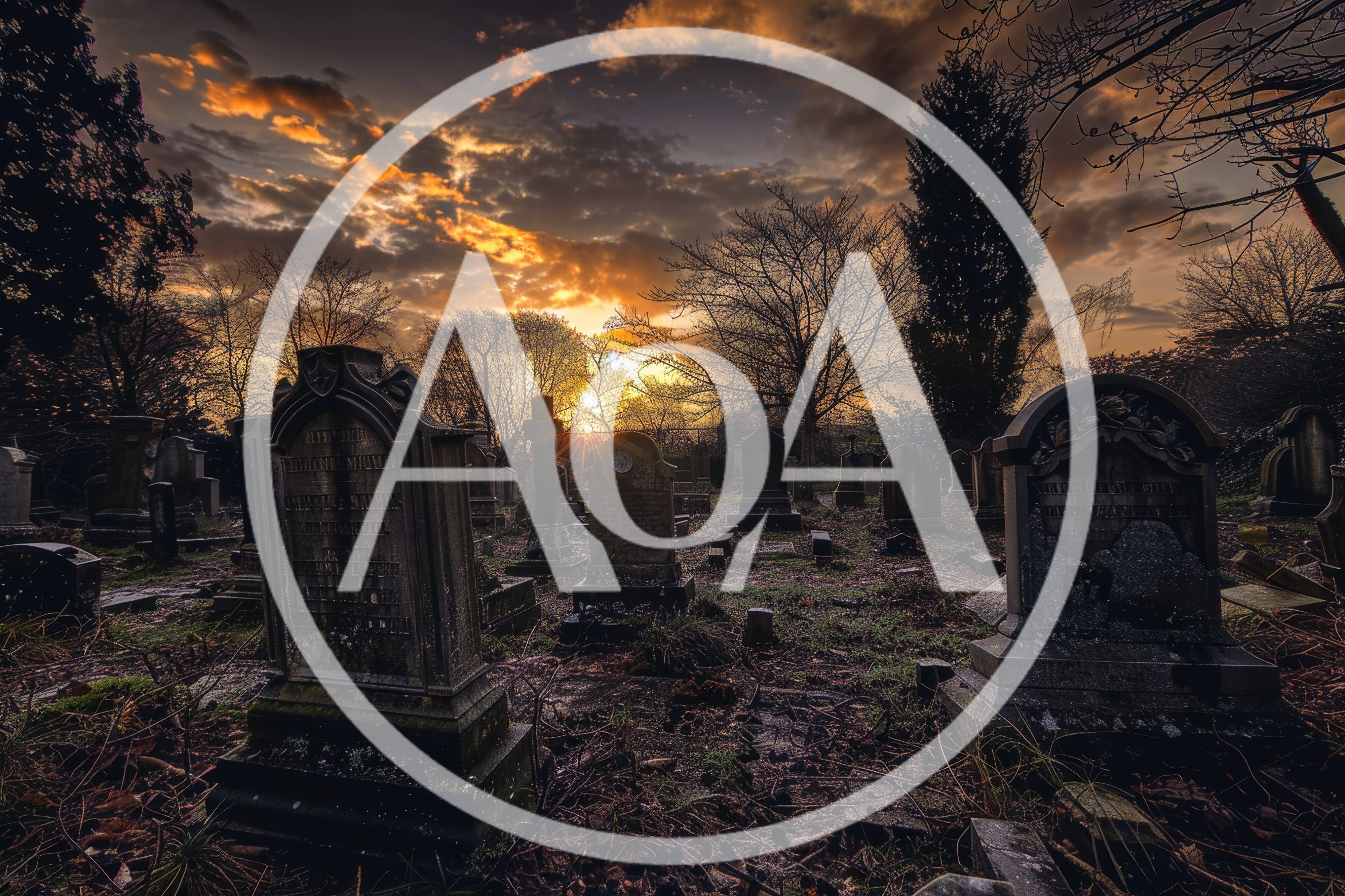 Old Cemetery At Sunset With Dramatic Golden Sky