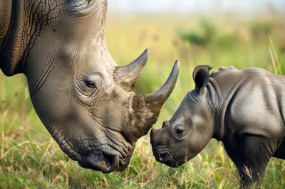 Mother Rhinoceros And Calf Nuzzling In Grassland