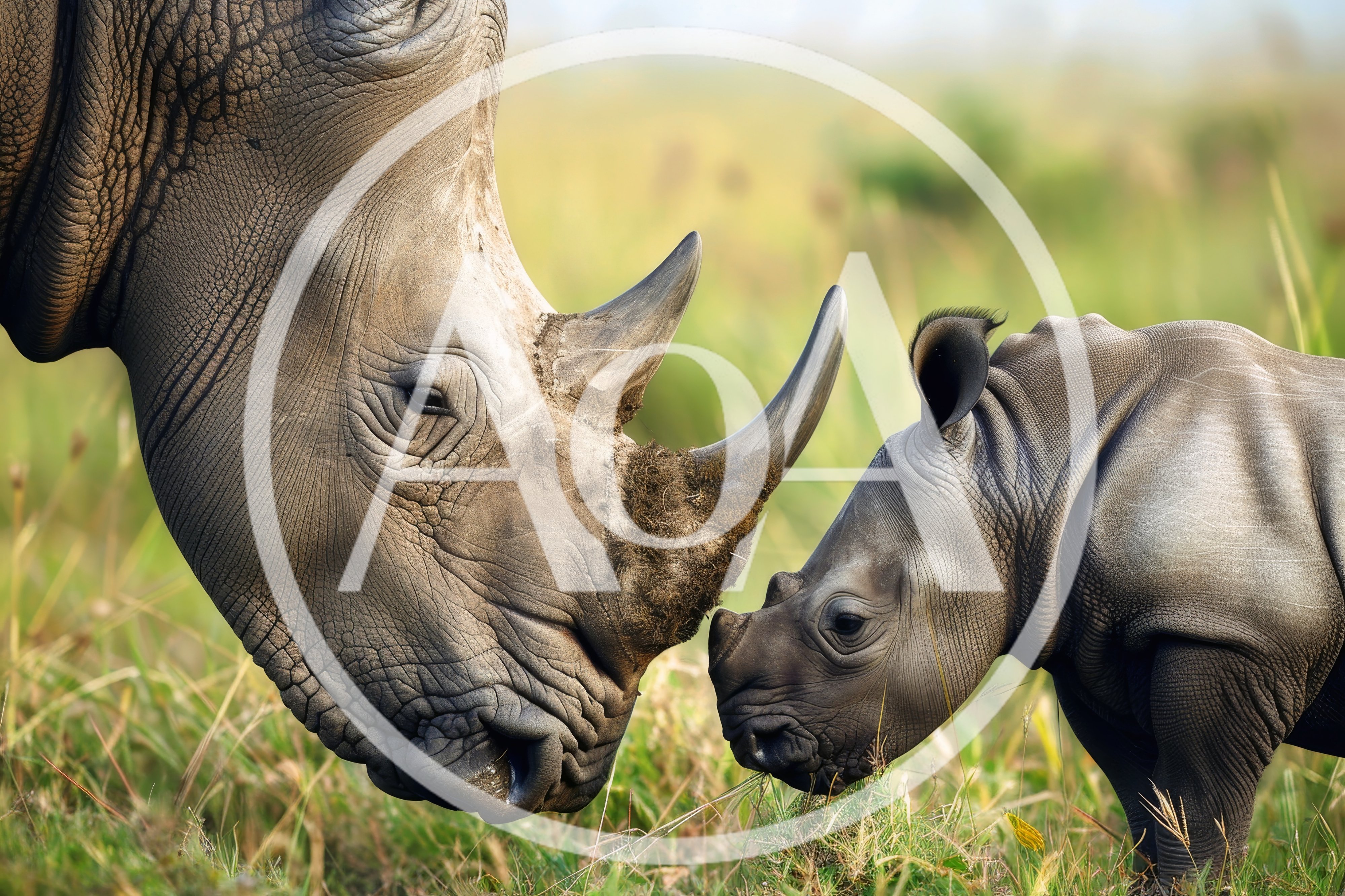 Mother Rhinoceros And Calf Nuzzling In Grassland