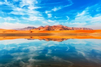 Stunning Desert Landscape With Mountain Reflection In Water