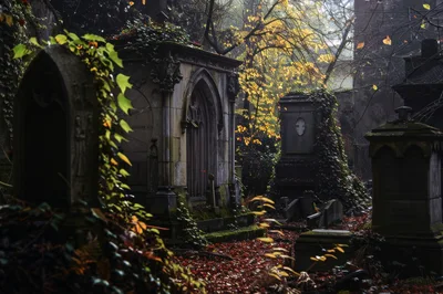 Ancient Stone Mausoleums In An Overgrown Autumn Cemetery