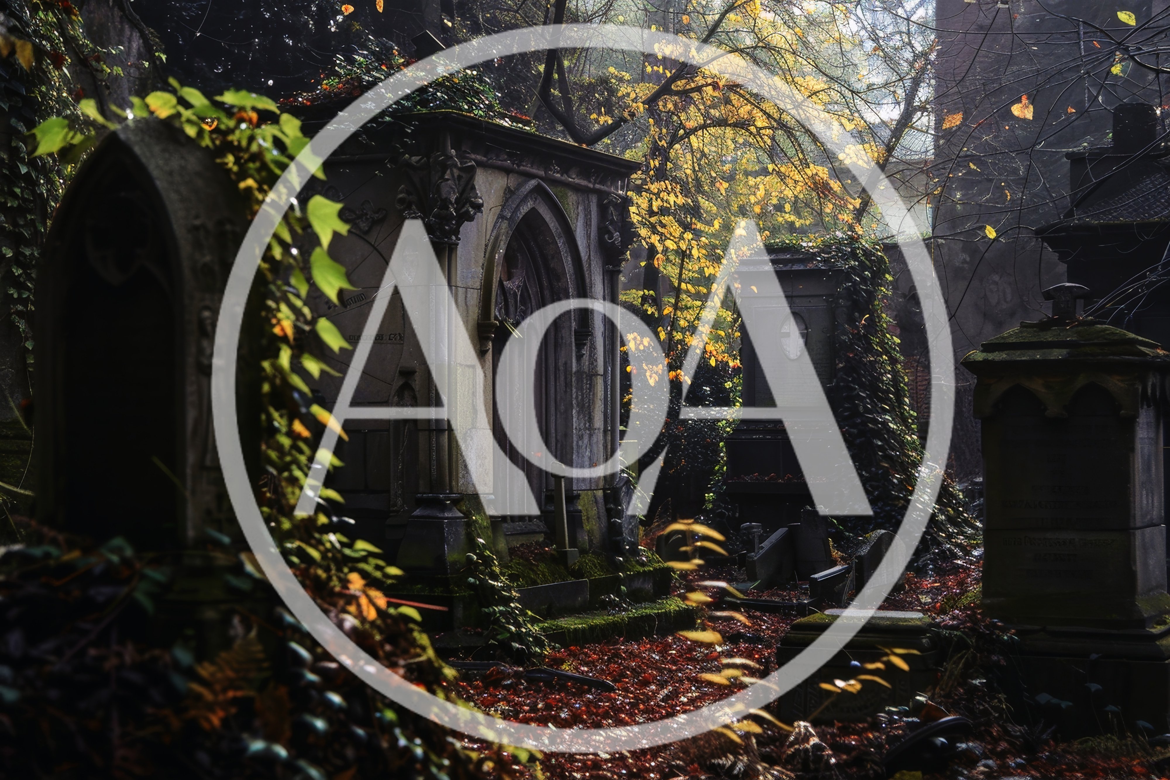 Ancient Stone Mausoleums In An Overgrown Autumn Cemetery
