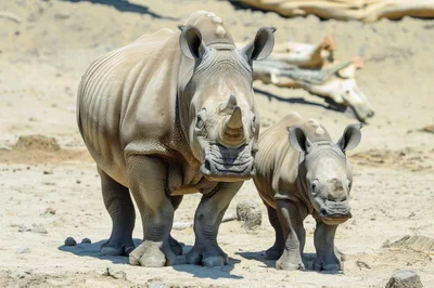 Mother White Rhinoceros and Her Calf Standing Together
