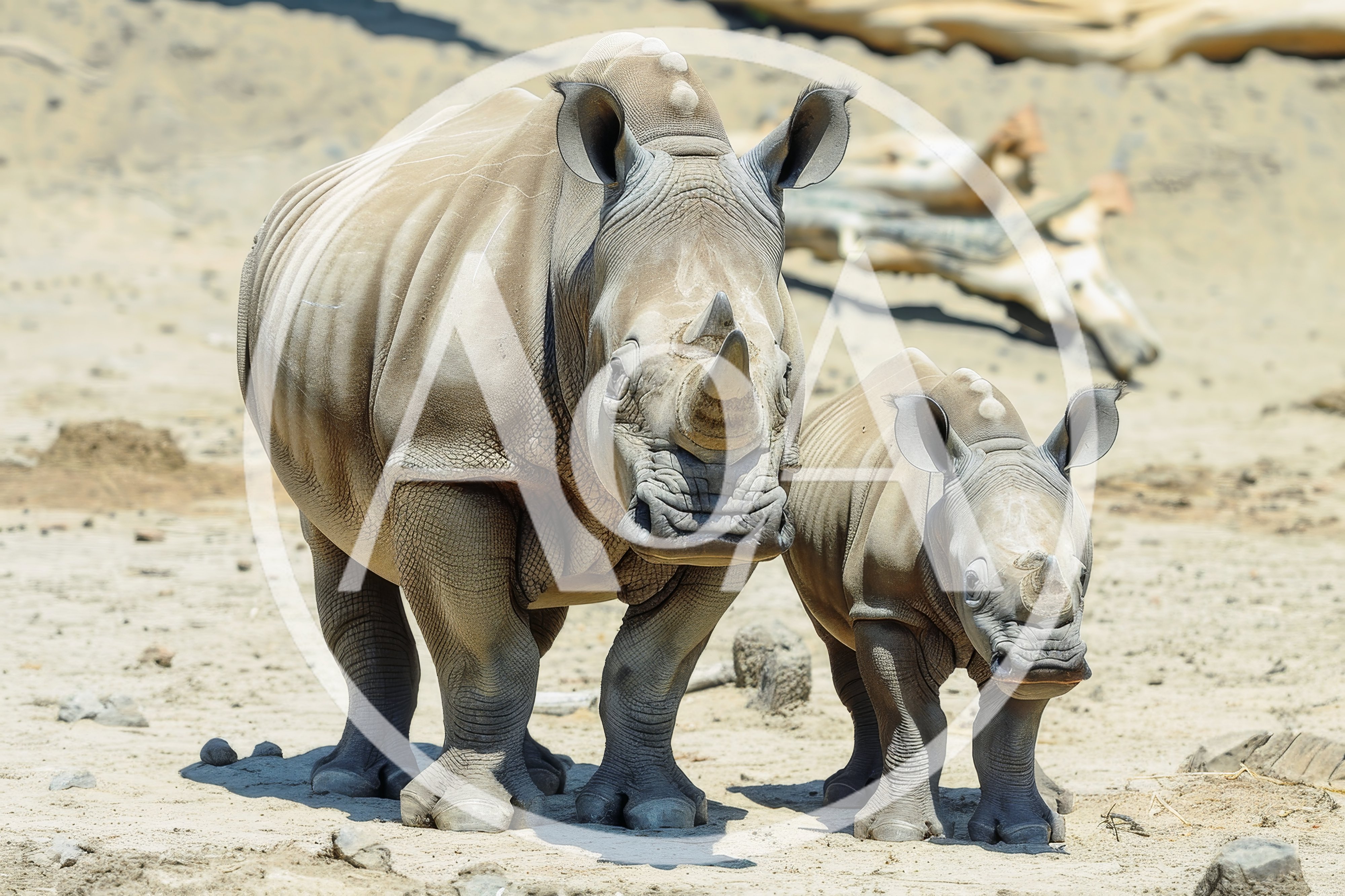 Mother White Rhinoceros and Her Calf Standing Together