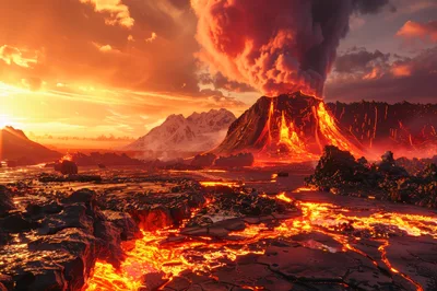 Volcanic Eruption With Lava Flowing Over Rocky Landscape