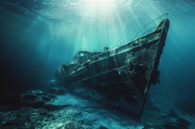 Sunken Shipwreck Resting On The Ocean Floor