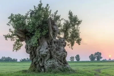 Ancient Gnarled Tree In A Rural Field At Sunrise
