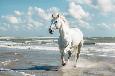 Majestic White Horse Galloping Along The Ocean Shore