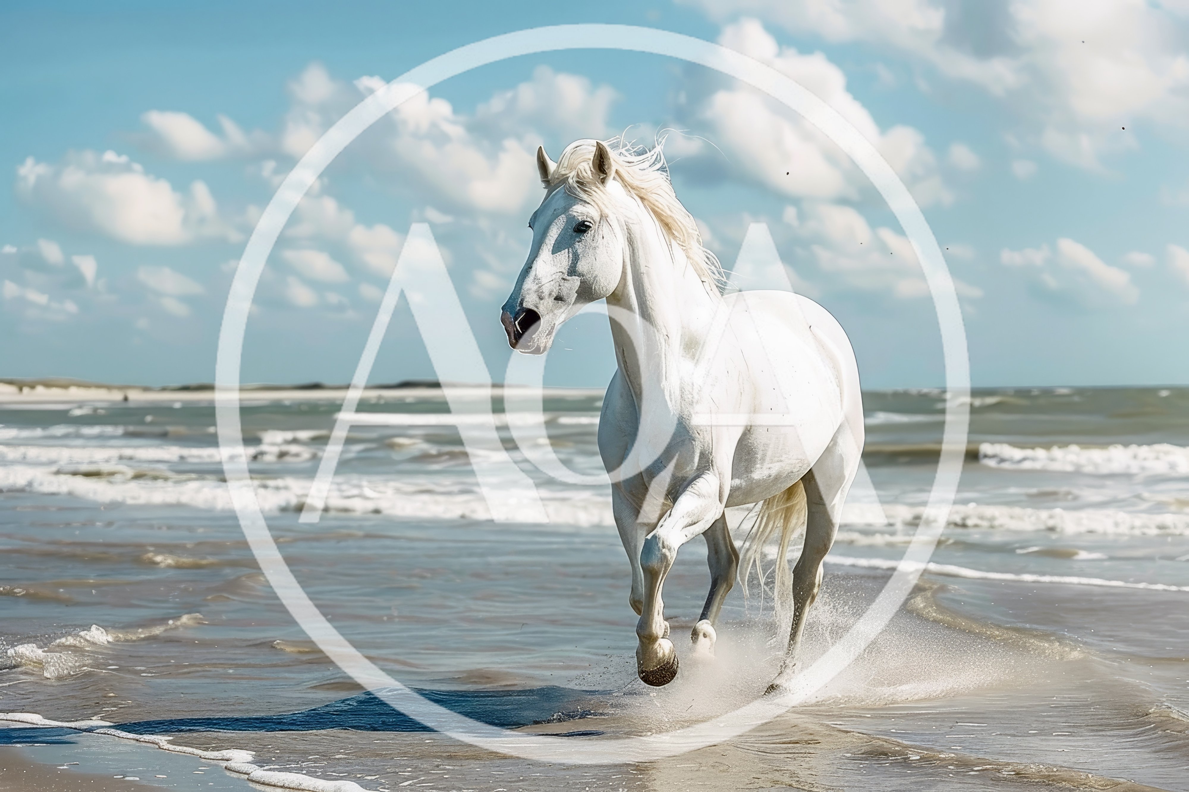 Majestic White Horse Galloping Along The Ocean Shore