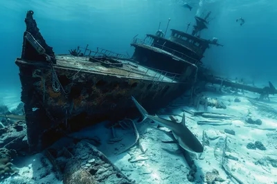 Caribbean Reef Shark Swimming Near Underwater Shipwreck