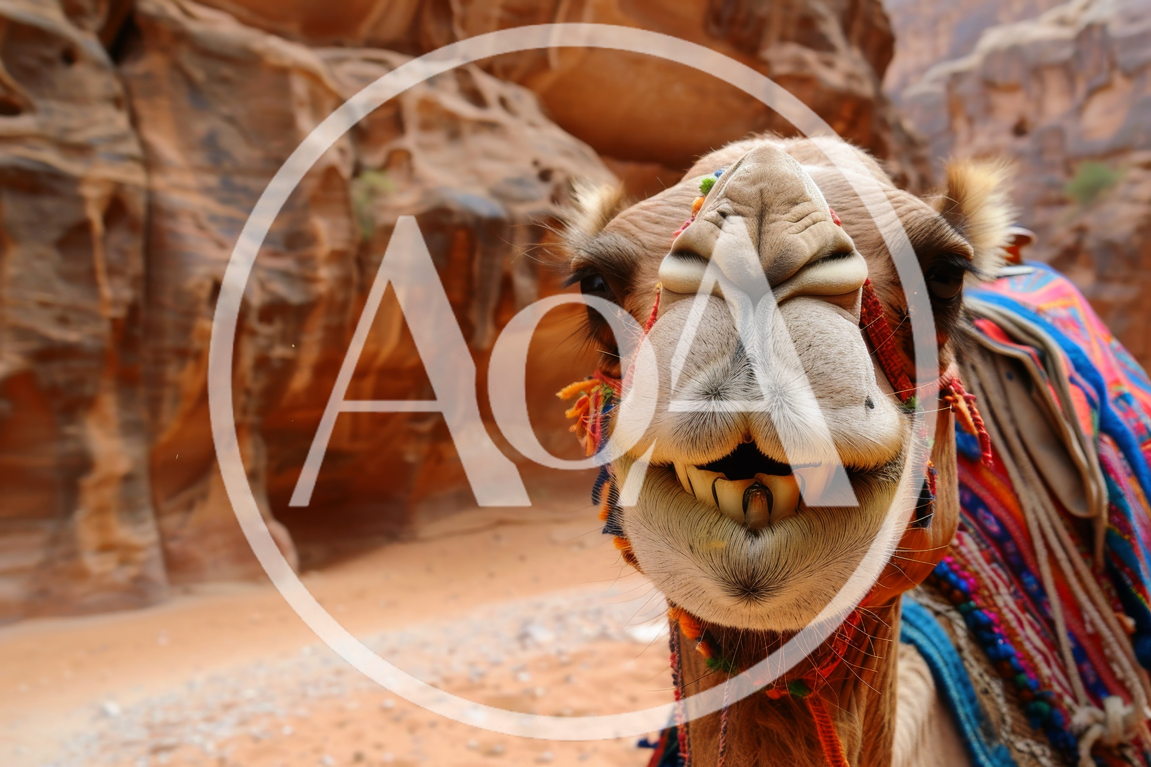 Close Up Portrait Of A Smiling Camel In Petra