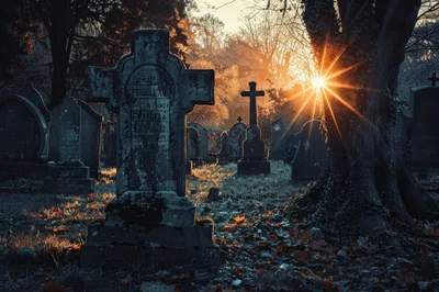 Sunlight Piercing Through Trees In An Ancient Cemetery