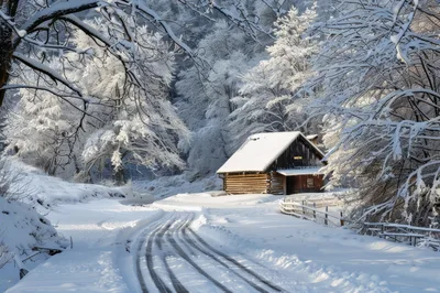Log Cabin in a Snowy Winter Forest