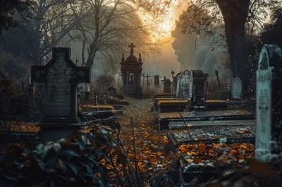 Atmospheric Graveyard Scene At Sunset