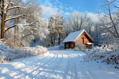 Log Cabin in Snowy Winter Forest Landscape