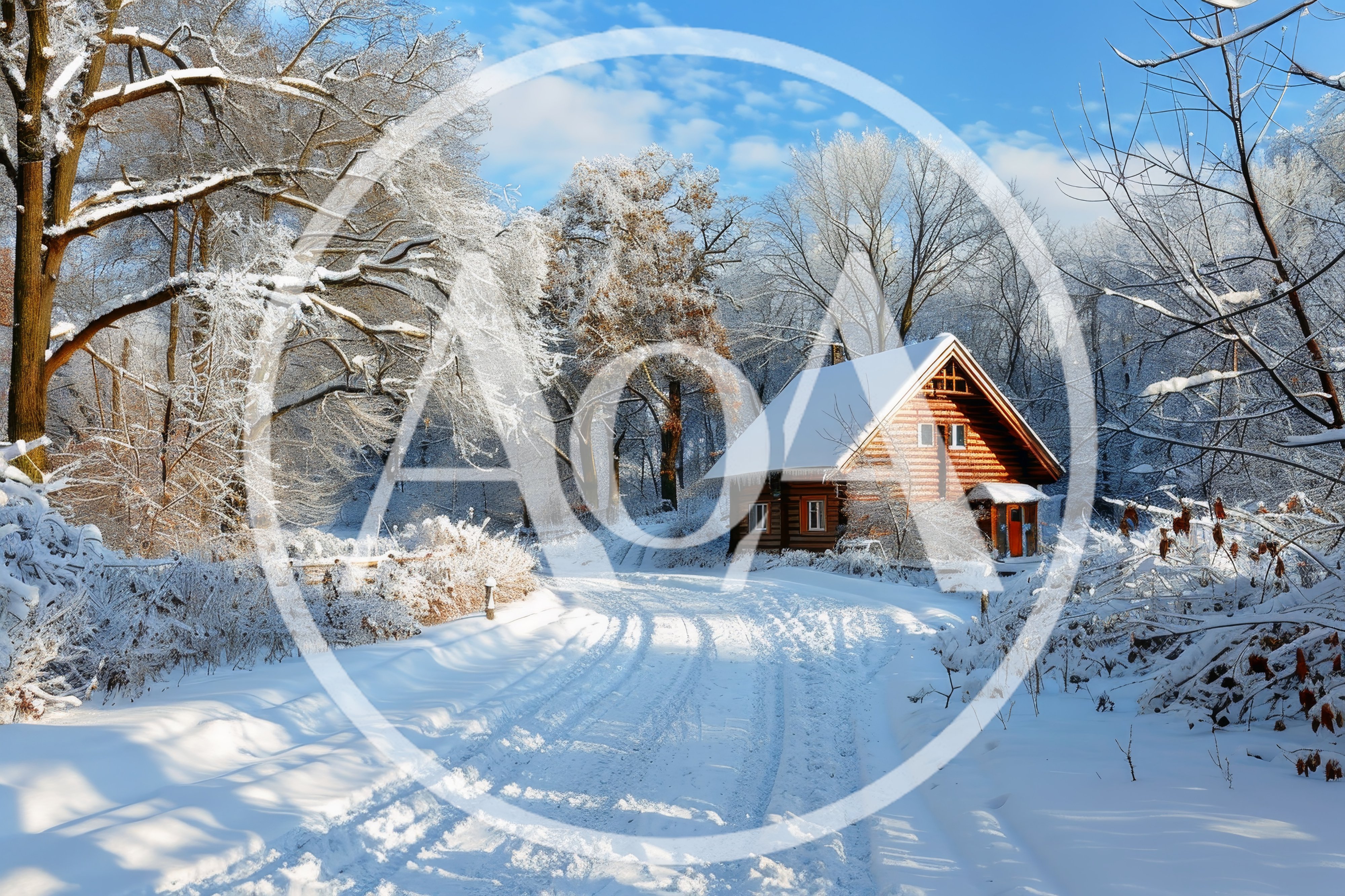 Log Cabin in Snowy Winter Forest Landscape