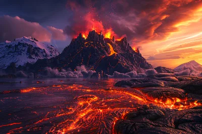 Volcanic Eruption With Molten Lava Flowing Into Water