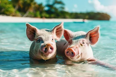Two Cute Pigs Swimming In Tropical Ocean Water