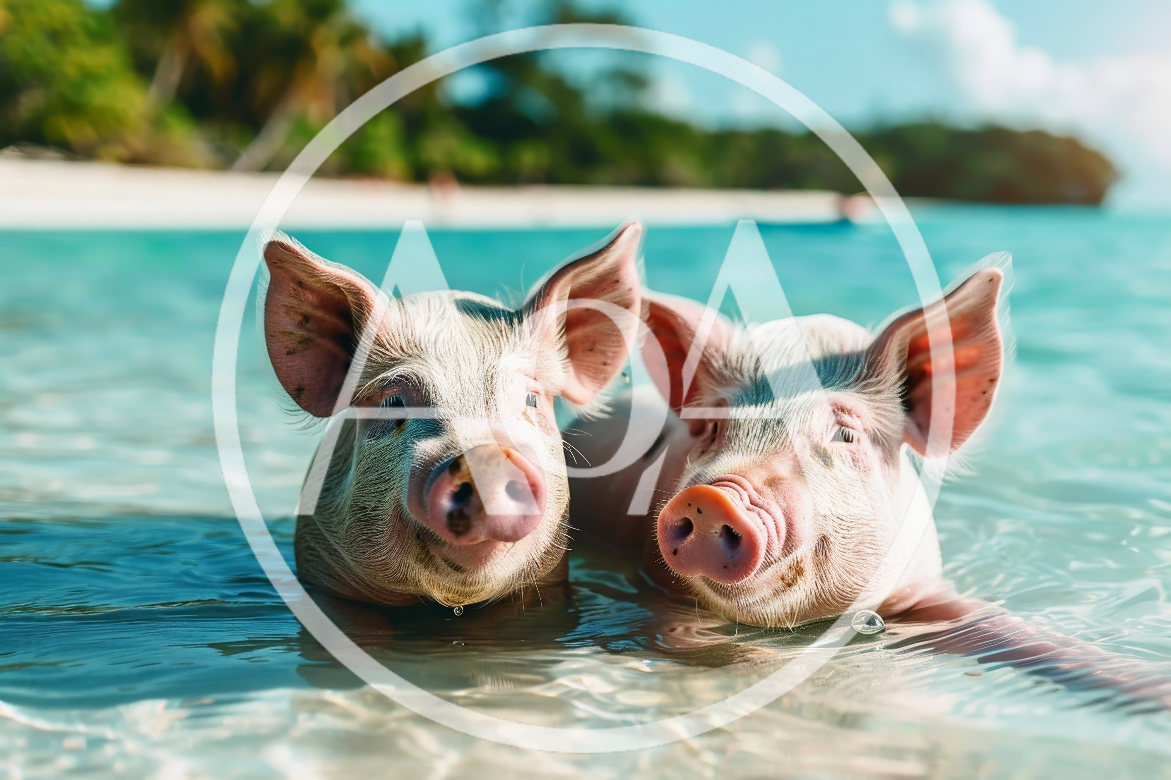Two Cute Pigs Swimming In Tropical Ocean Water