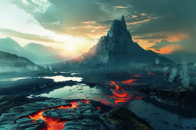 Volcanic Landscape With Flowing Lava And Mountain Peak